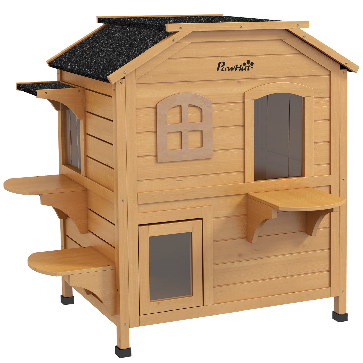 PawHutÂ 2-story Cat House Outdoor, WeatherproofÂ Wooden Cat Enclosure with Openable Roof, Jumping Platforms, Natural Wood Finish