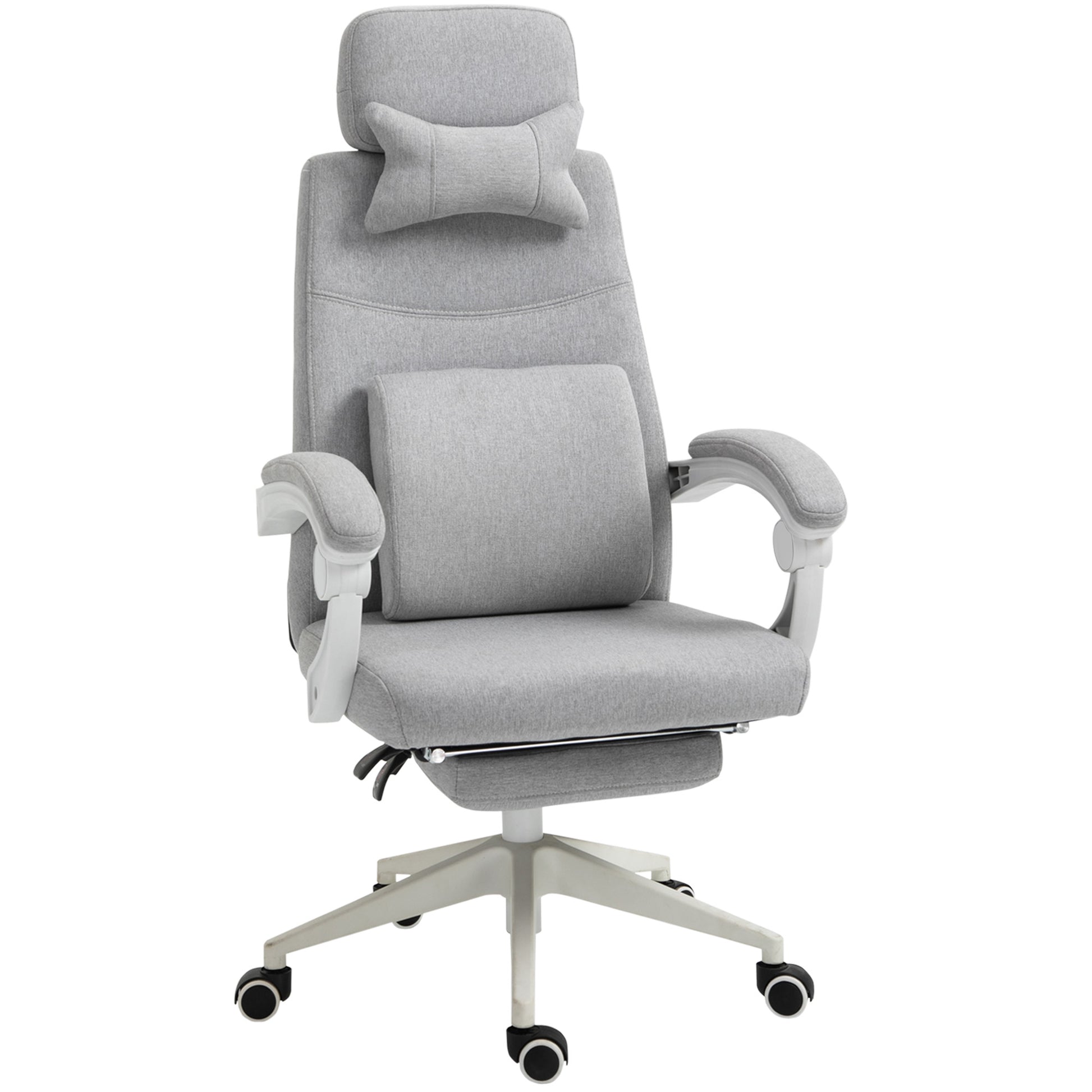 Vinsetto Office Chair, High Back Fabric Work Chair with 160Â° Reclining Backrest, Retractable Footrest, Neck and Lumbar Pillow, Light Grey