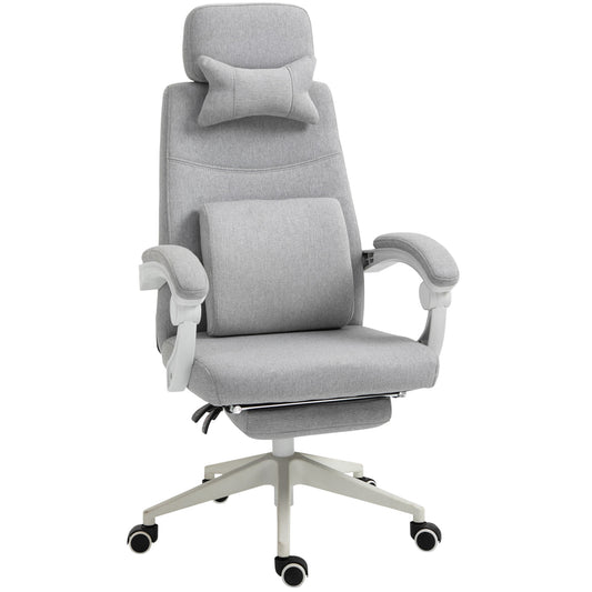 Vinsetto Office Chair, High Back Fabric Work Chair with 160Â° Reclining Backrest, Retractable Footrest, Neck and Lumbar Pillow, Light Grey