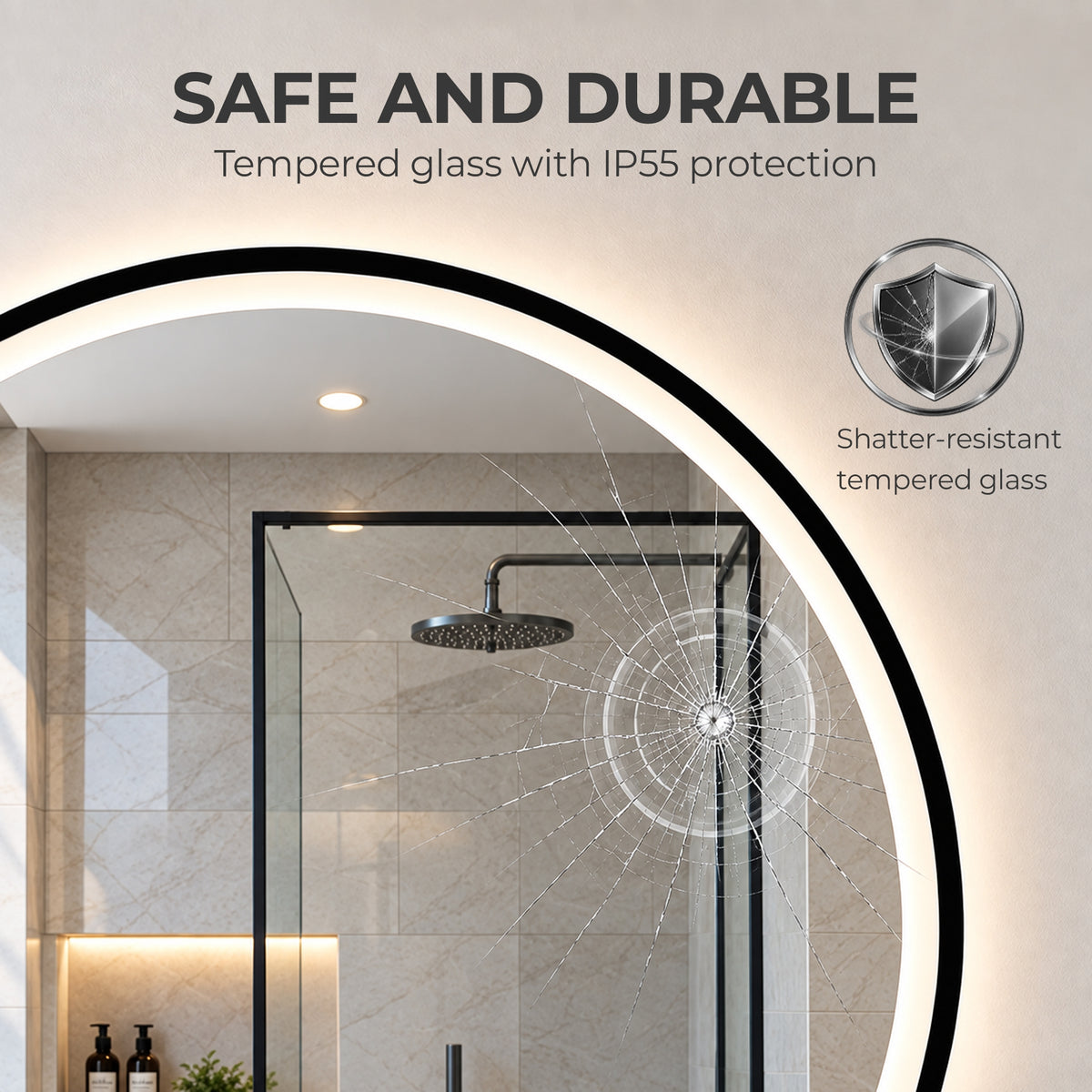 HOMCOM Bathroom Mirror with LED Lights, 60cm Round LED Bathroom Mirror with 3 Colours Dimmable, Bluetooth, Anti-Fog, Black