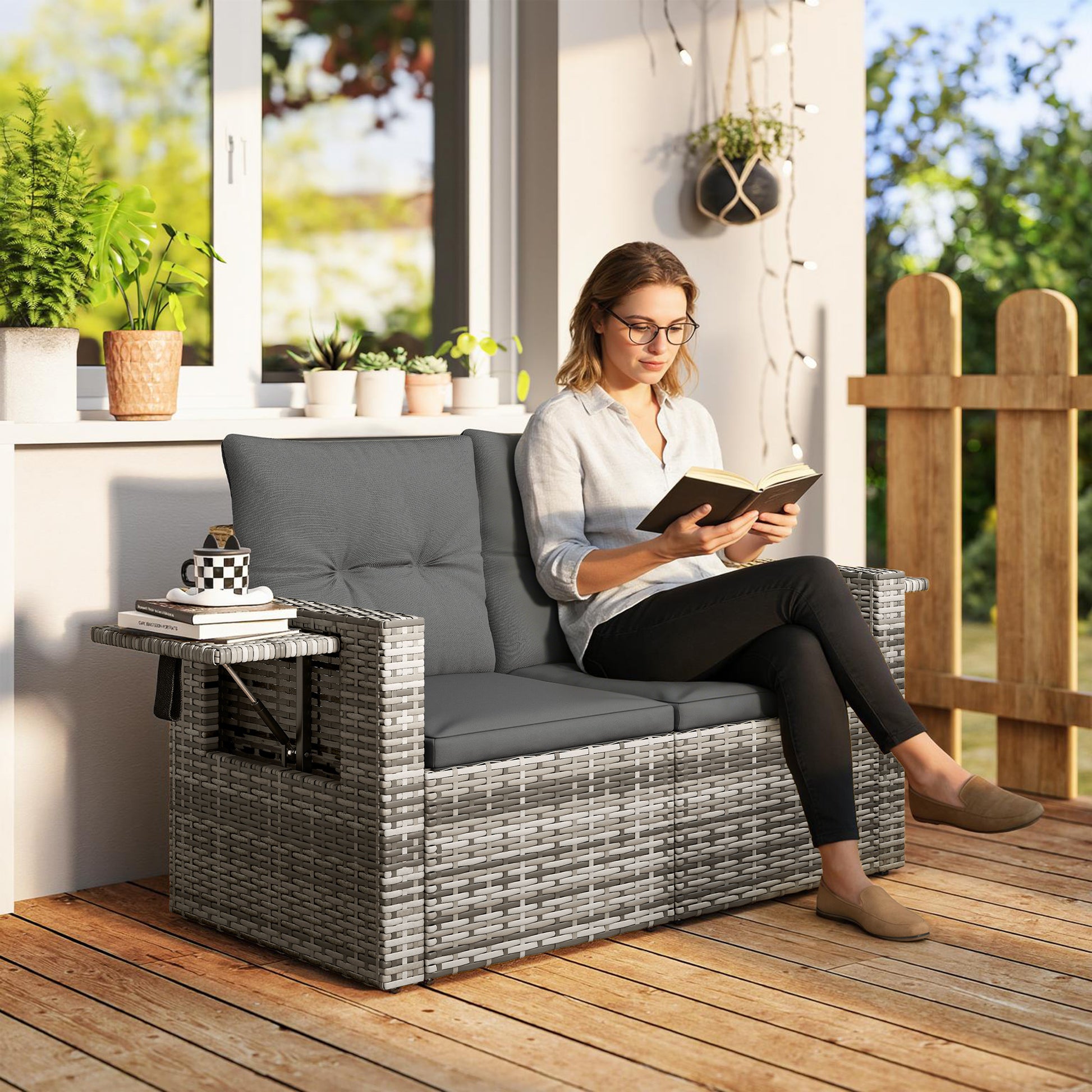 Outsunny 2 Seater Rattan Garden Sofa Outdoor Loveseat with Hidden Side Trays and Cushions for Patio Balcony, Dark Grey