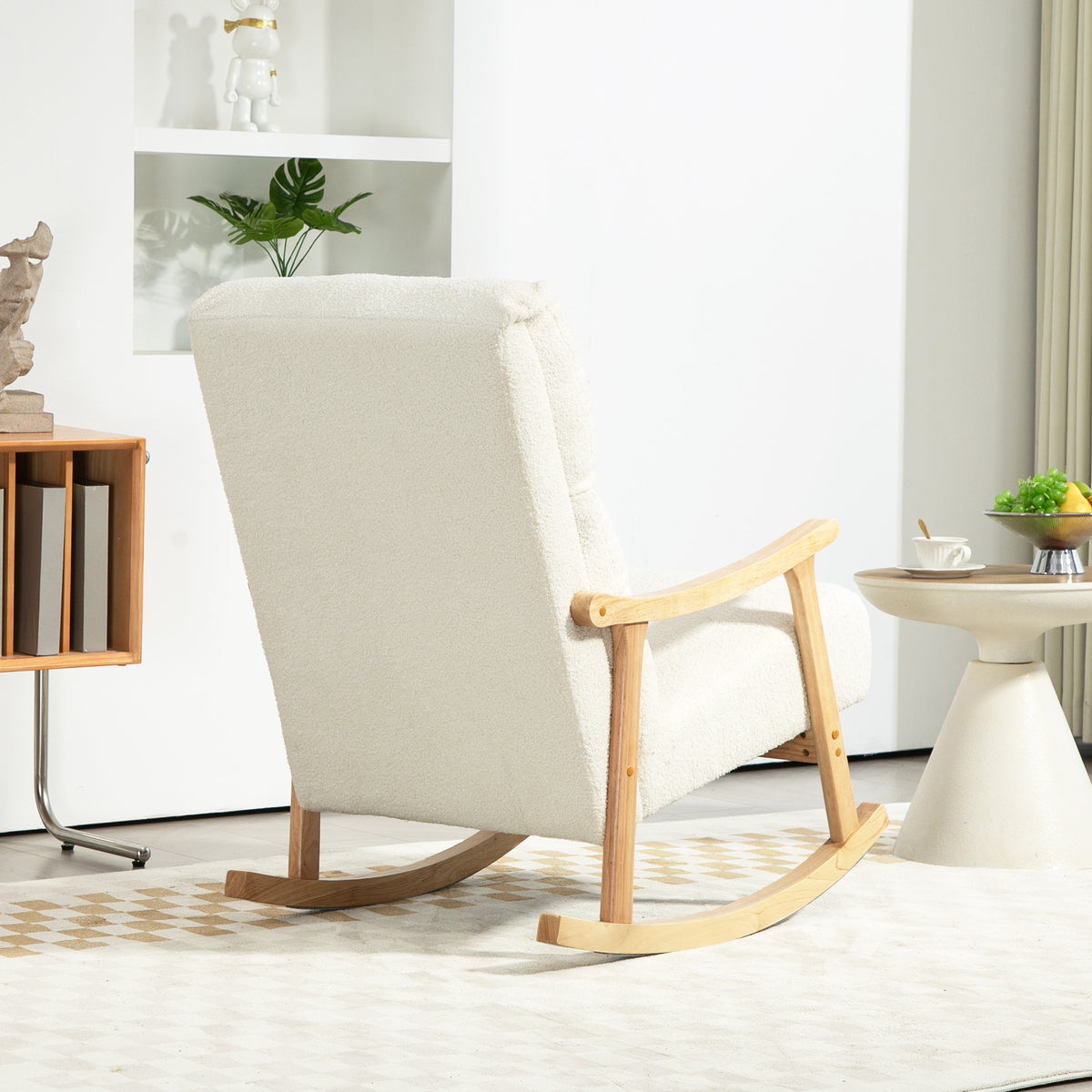 HOMCOM Upholstered Rocking Chair, Teddy Fleece Fabric, High Back, Armrests, Rubberwood Legs, Cream White