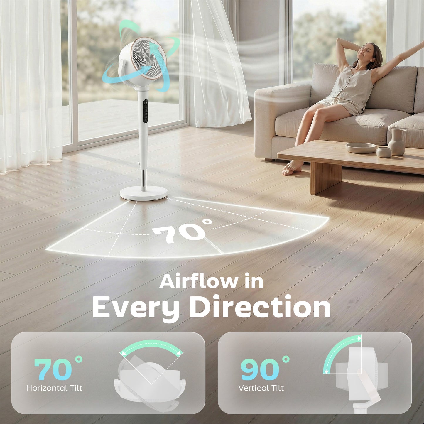 HOMCOM 20dB Silent Standing Fan, 70Â°+90Â° Auto Oscillating Fan with 12 Speeds, LED Light, Air Circulator, Remote Control, 12H Timer, for Bedroom, 46 Inch, White