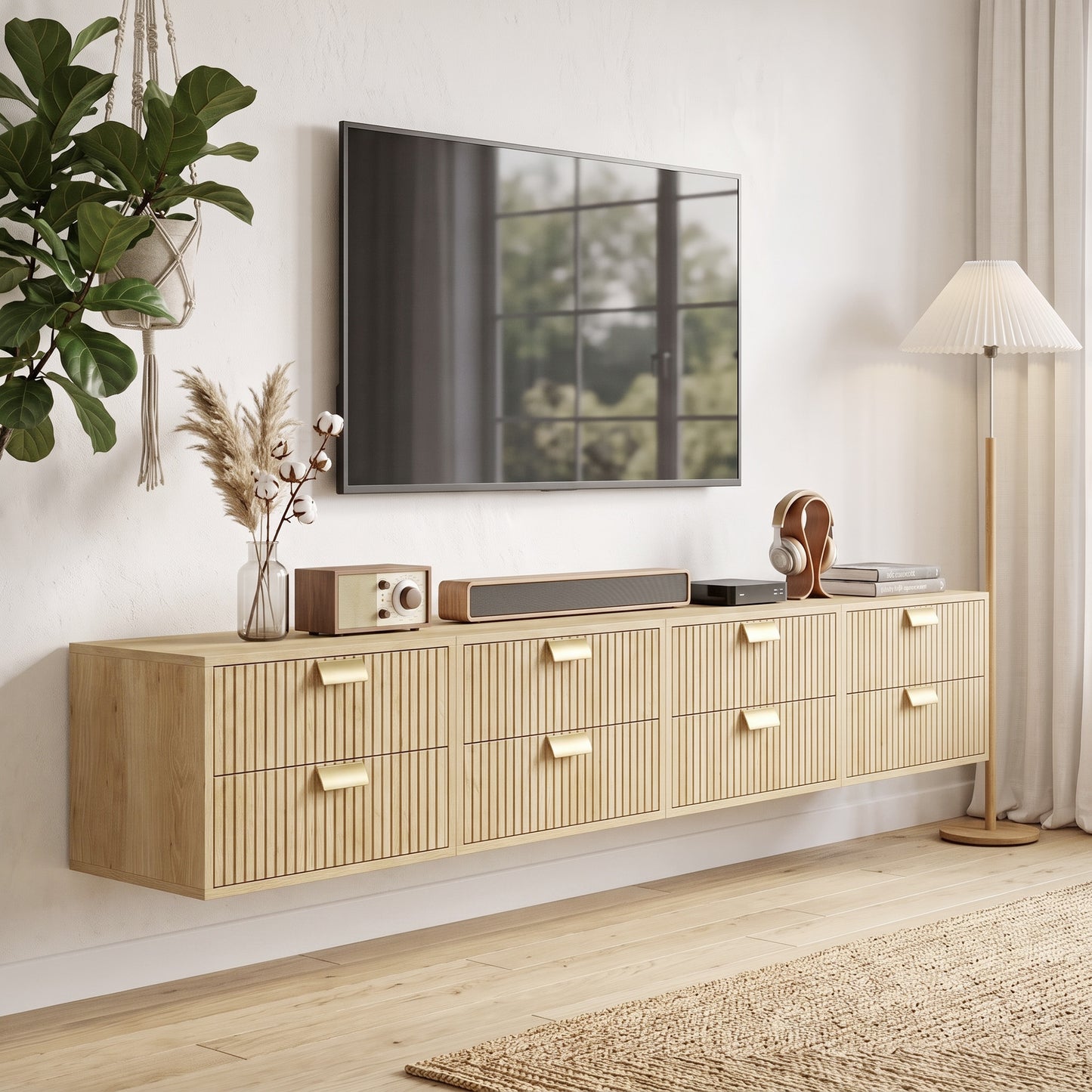 HOMCOM Modern Floating Nightstands Set of 2, Wall Mounted Bedside Tables with 2 Drawers, Oak
