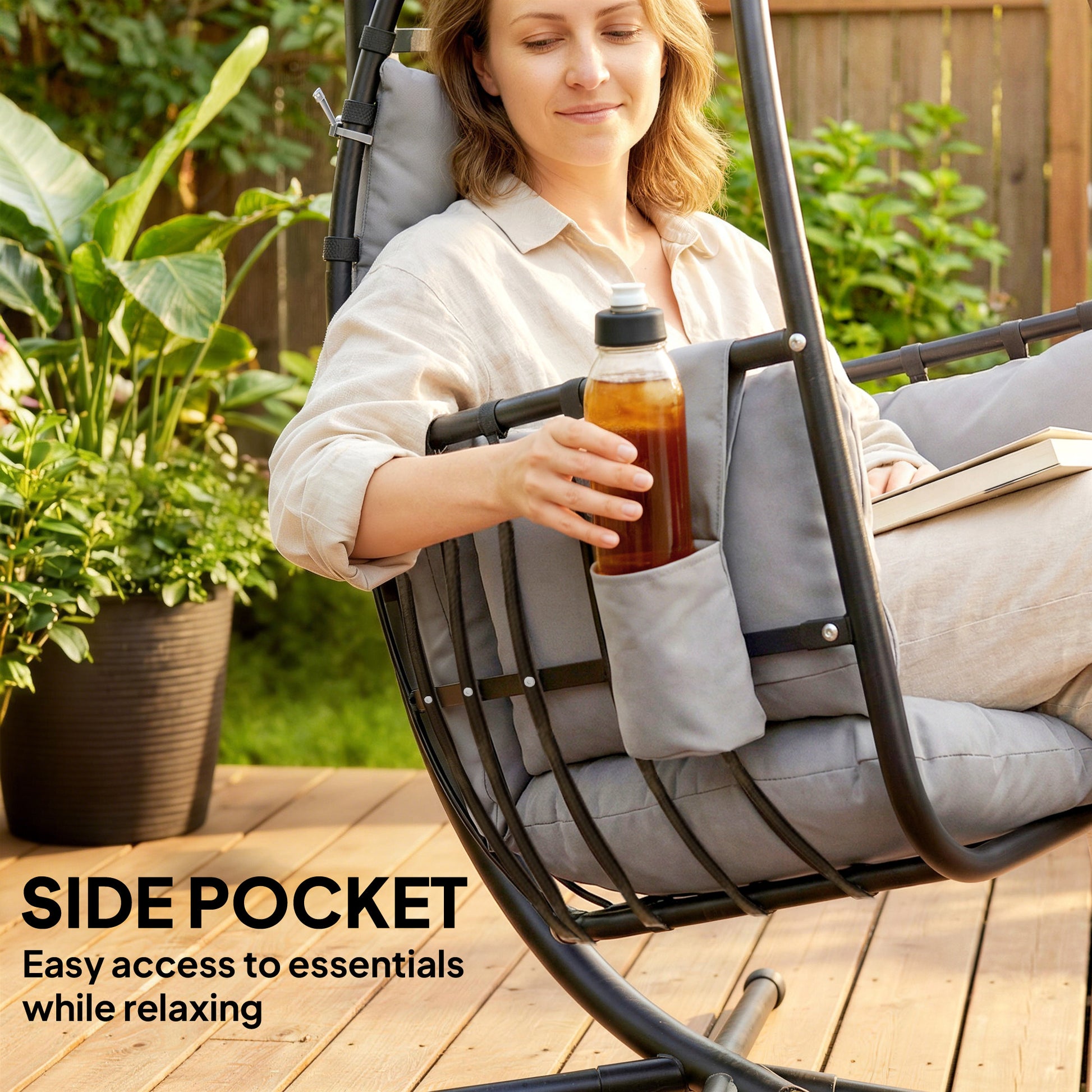 Outsunny Hanging Egg Chair, Indoor Outdoor Swinging Hammock Chair with Stand, Foldable Basket, Side Pocket, Dark Grey