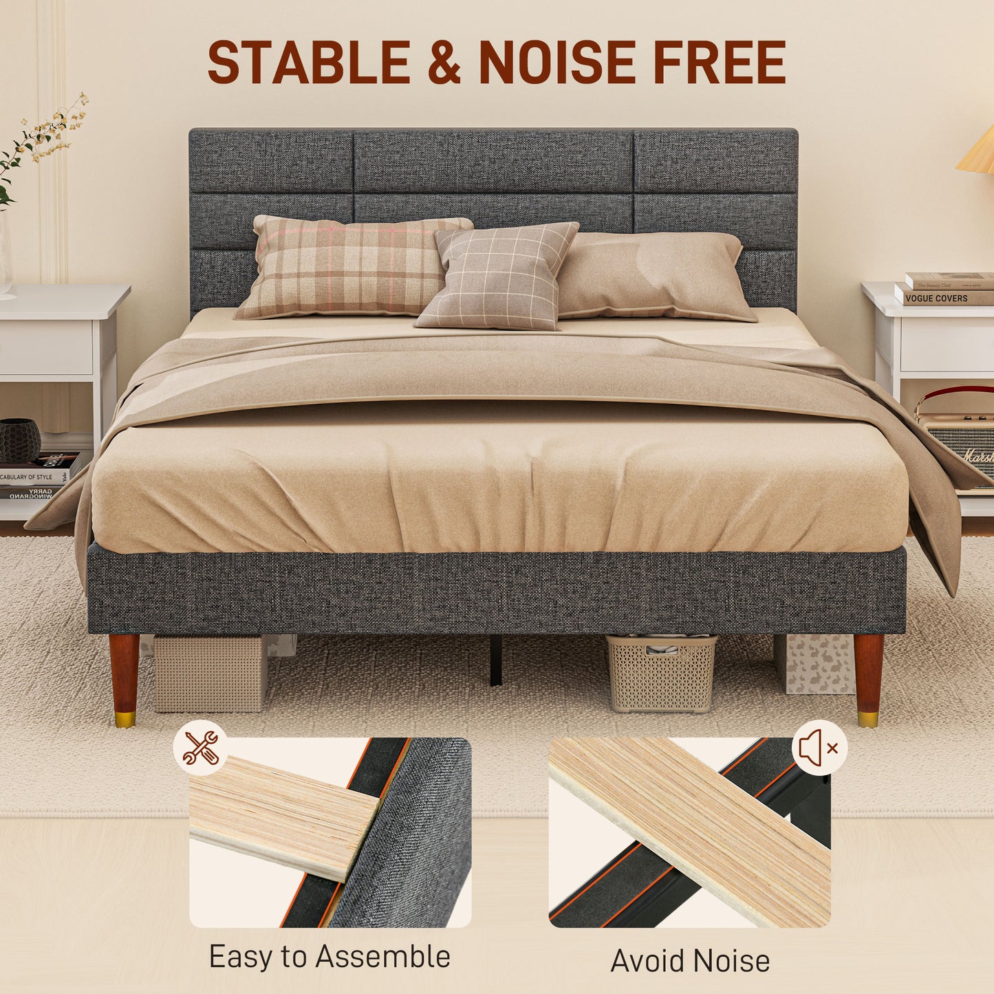 HOMCOM Upholstered Double Bed Frame, with Slats - Grey