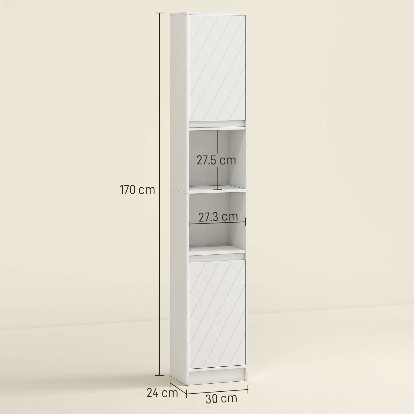 HOMCOM Narrow Bathroom Cabinet, Slim Bathroom Storage Unit with Open Compartment, Freestanding Storage Cupboard with Adjustable Shelves for Small Spaces, 30 x 24 x 170 cm, White