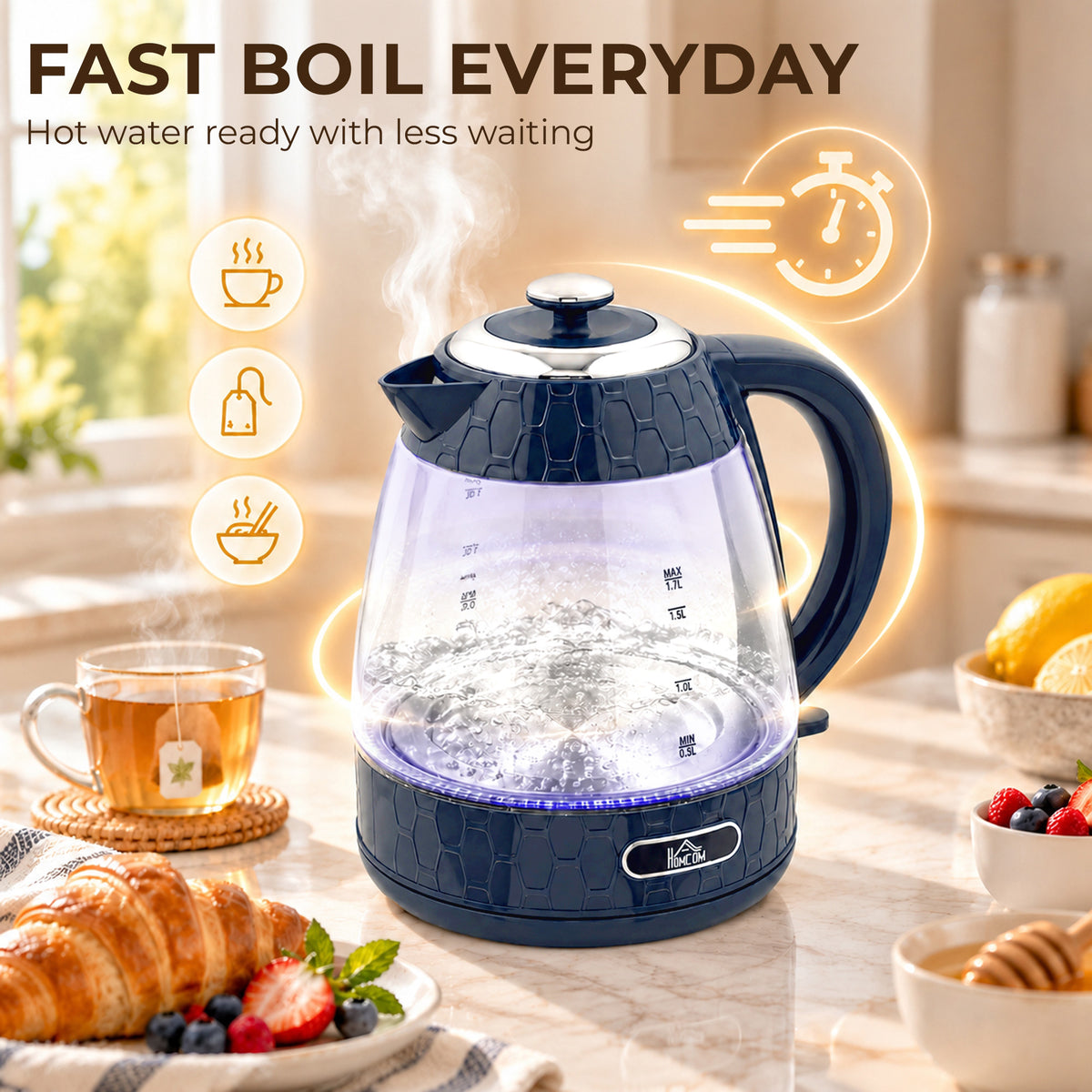 HOMCOM Kettle and Toaster Set, 1.7L 3000W Rapid Boil Jug Kettle with Limescale Filter, 2 Slice Toaster, Blue