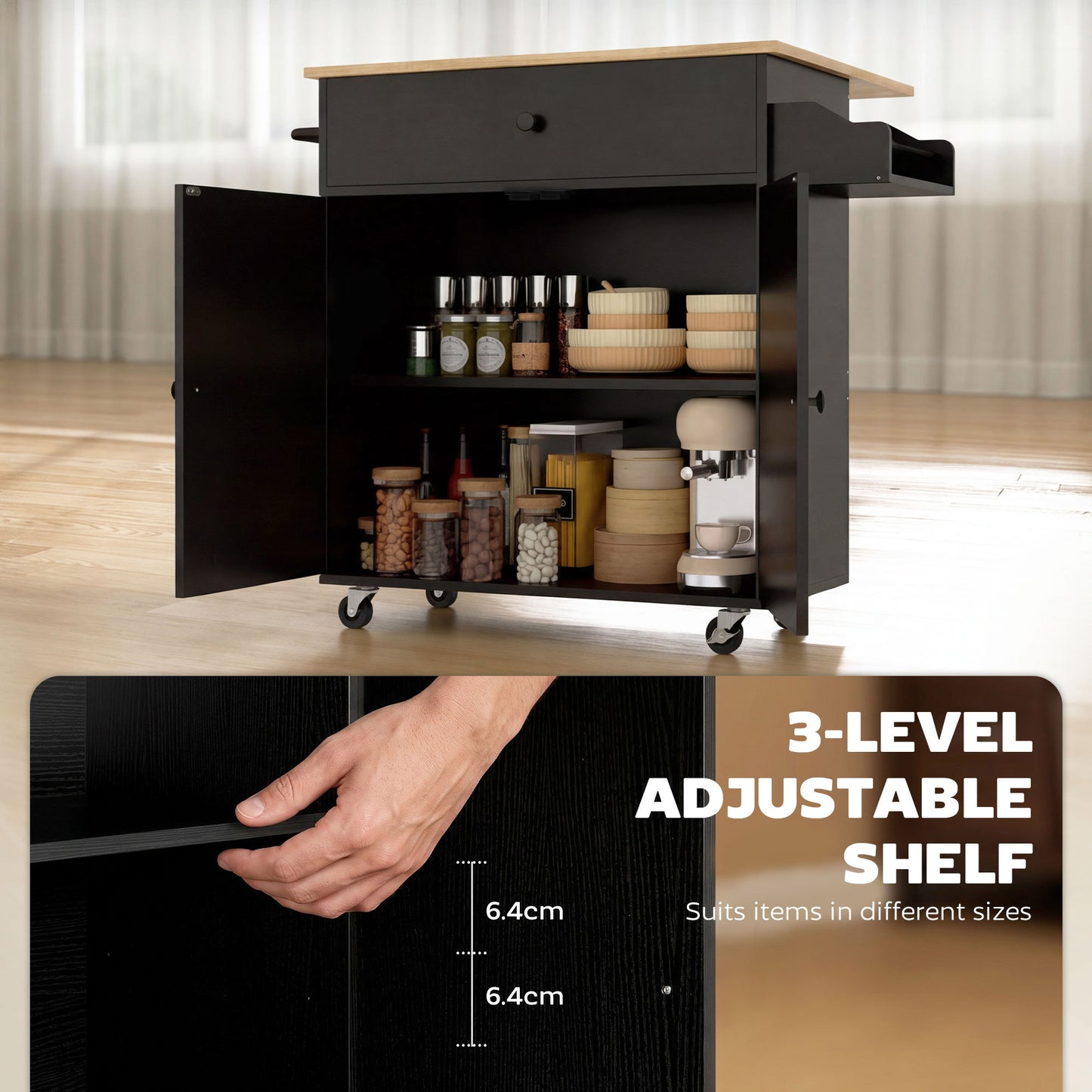HOMCOM Kitchen Island with Drop Leaf, Rolling Kitchen Storage Trolley on Wheels with Drawer, Spice Rack and Towel Rack, Black