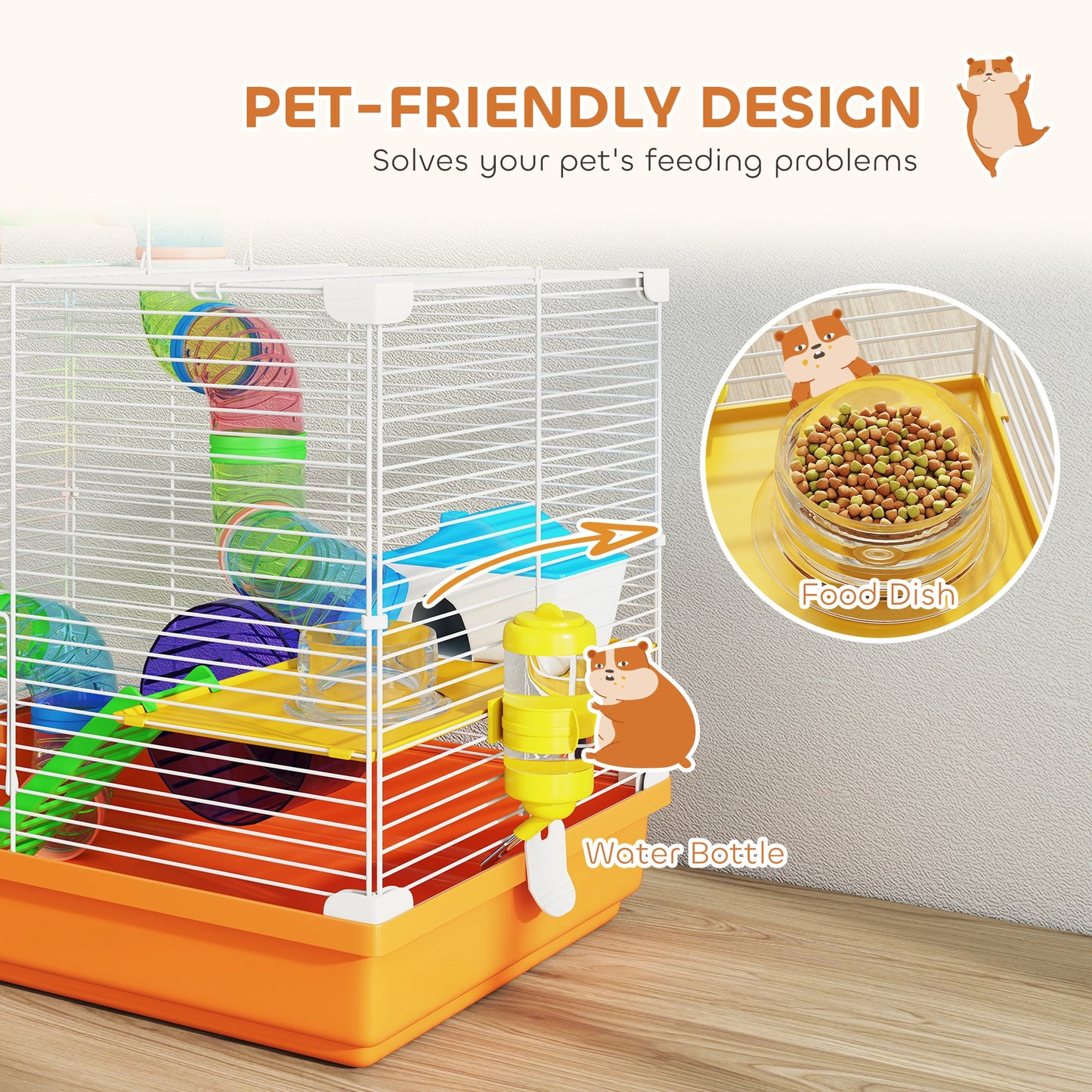PawHut 2 Tier Hamster Cage, Gerbil Cage with Handle, Exercise Wheels, Tunnel, Water Bottle, Dishes, Ladder, for Dwarf