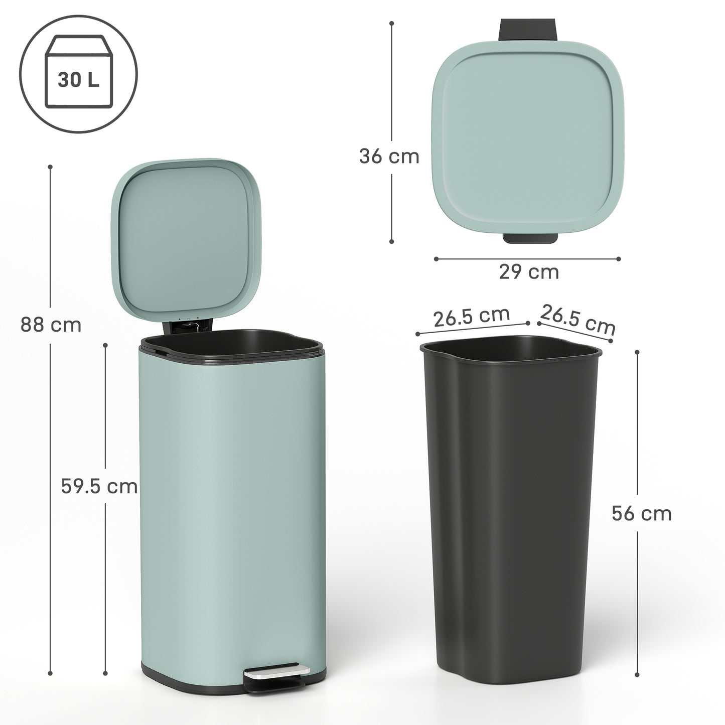 HOMCOM 30L Kitchen Bin, Compact Pedal Bin with Soft-Close and Stay-Open Lid, Removable Bucket for Kitchen, Home, Office, Green