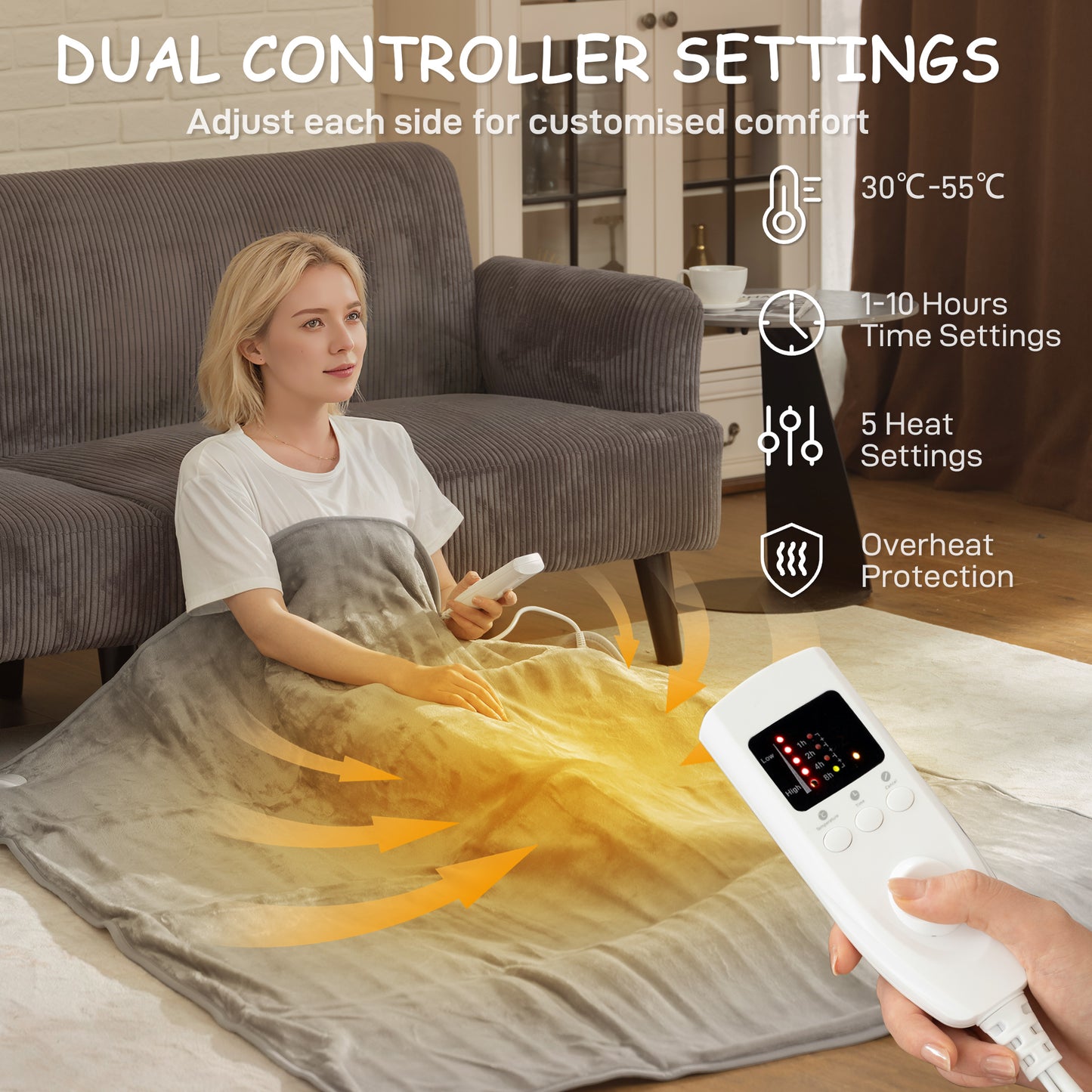 HOMCOM Electric Blanket with Dual Controllers, Machine Washable Heated Throw Blanket with Ultra Soft Flannel Fabric, 5 Heating Levels, 10 Hour Timer, Grey