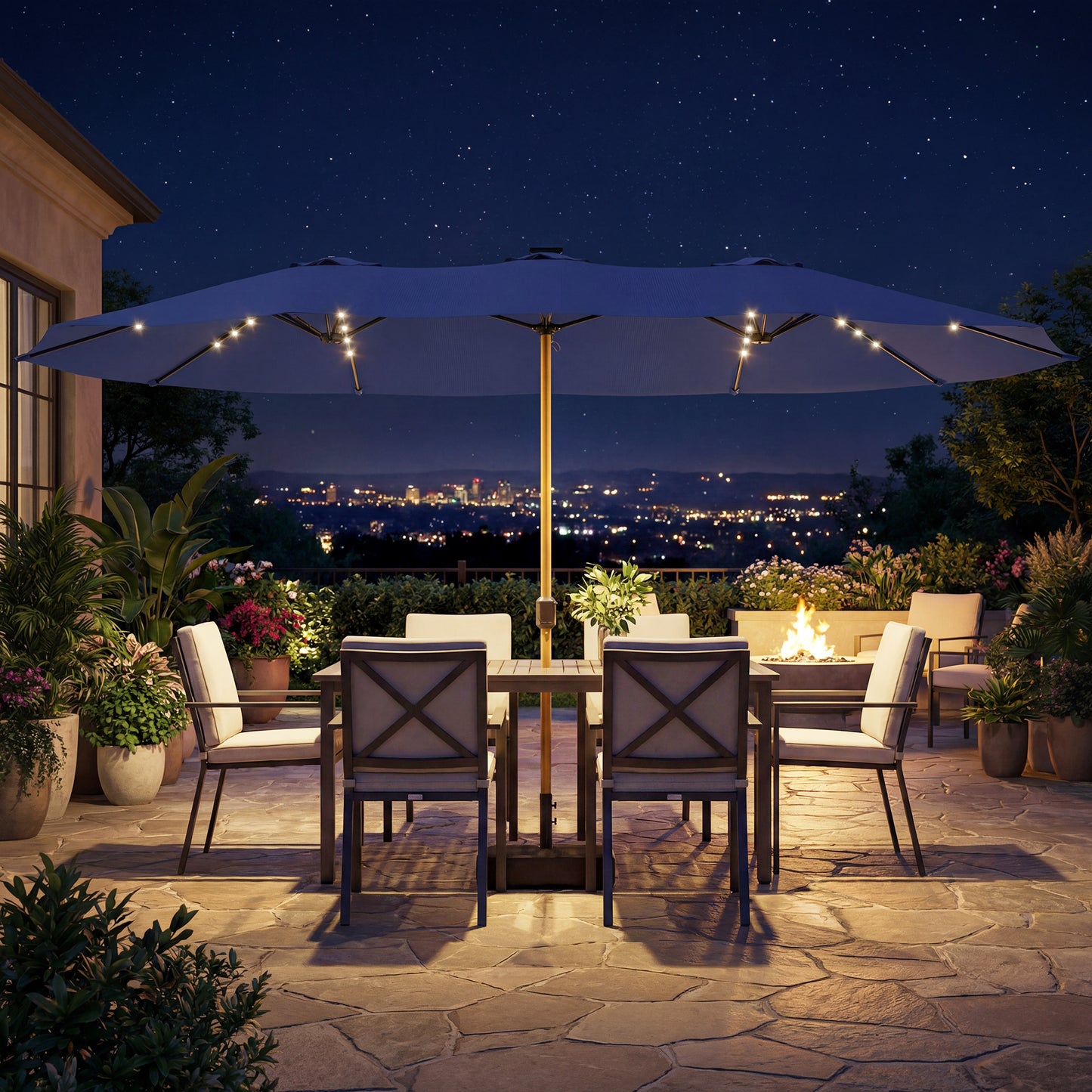 Outsunny Double Sided Garden Parasol with Base Included & 48 Solar LED Lights Patio Umbrella Crank Handle 4.6m Dark Blue