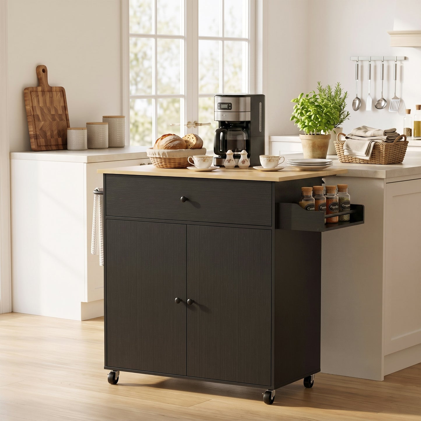HOMCOM Kitchen Island with Drop Leaf, Rolling Kitchen Storage Trolley on Wheels with Drawer, Spice Rack and Towel Rack, Black