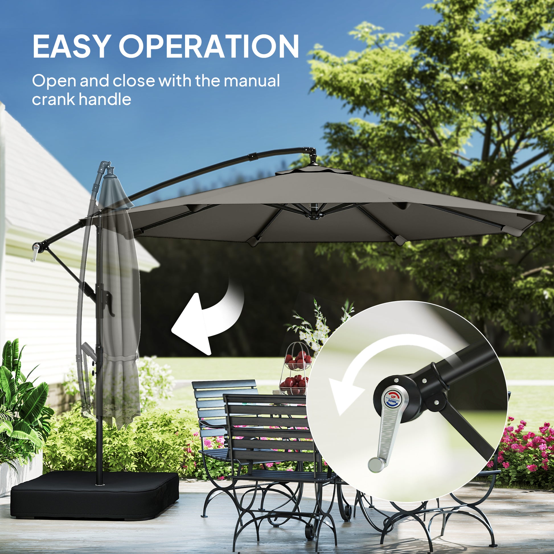 Outsunny 3 m Garden Cantilever Parasol with Cross Base, Sandbag, 360Â° Rotating Overhanging Banana Umbrella, Grey