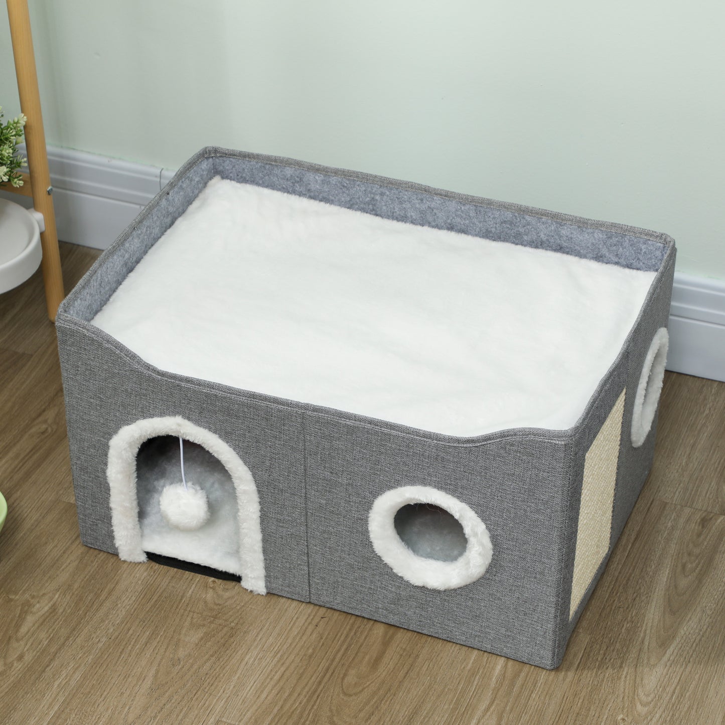 PawHut Cat Bed for Indoor Pets, Foldable Cat House with Fluffy Ball and Scratch Pad for Small and Medium Pets, Grey