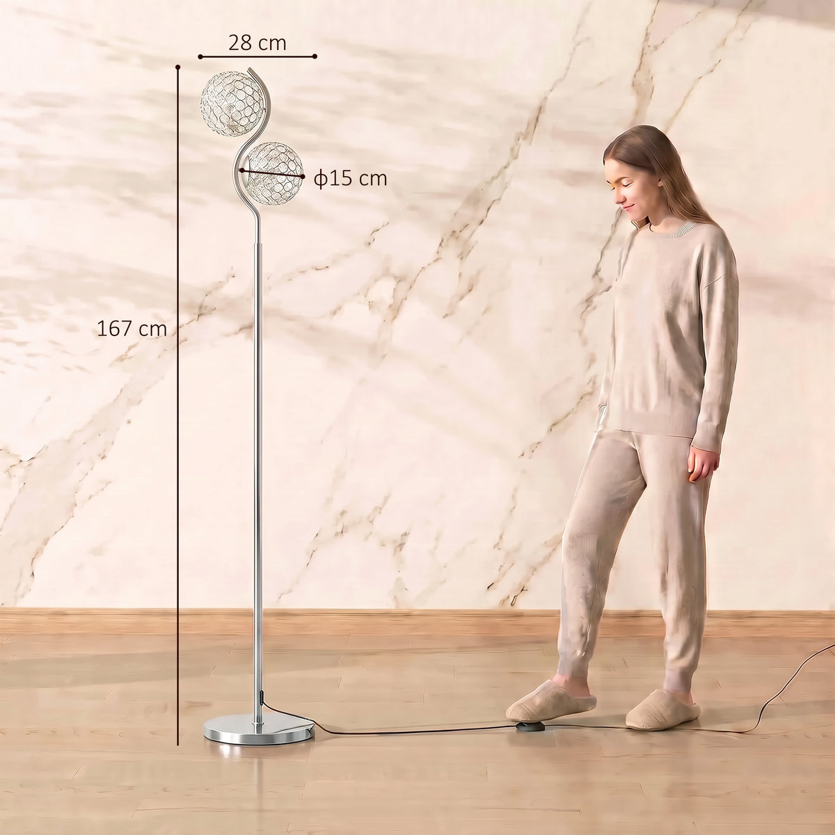 HOMCOM Floor Lamp with Crystal Globe Shades, Modern Dual Head Standing Lamp with Foot Switch and Weighted Base, Silver