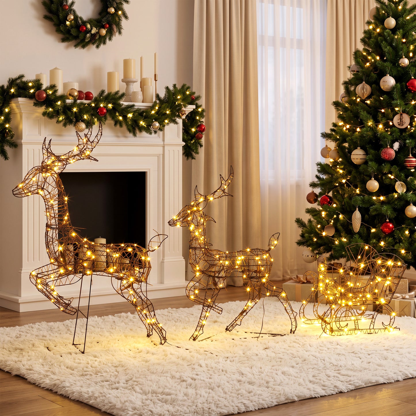 Outsunny 3-Piece Lighted Reindeer and Sleigh Set, PP Rattan Outdoor Christmas Decoration with LEDs, 8 Modes, Daily Timer