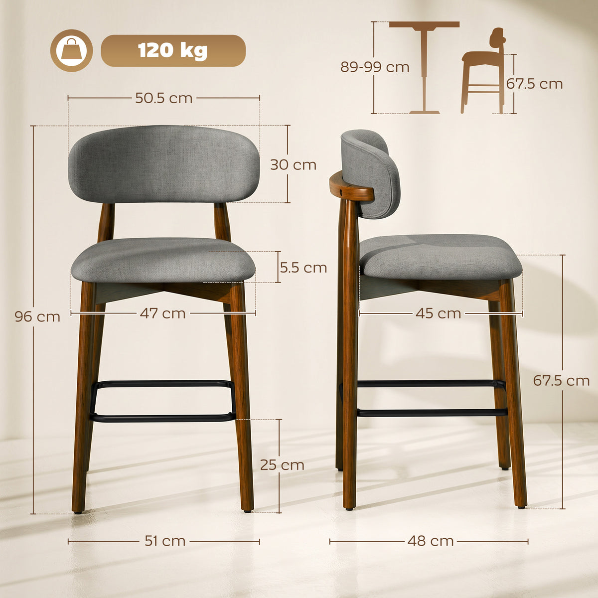 HOMCOM Bar Stools Curved Open Back Padded Seat Footrest Set of 2 for Kitchen Grey