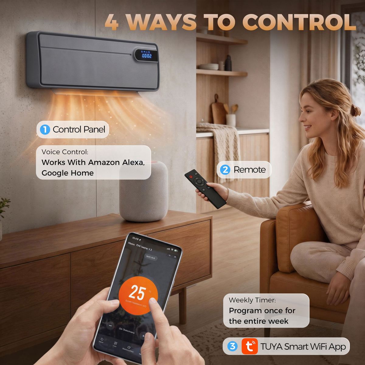 HOMCOM Smart Electric Heater, 2000W Ceramic Wall Space Heater, App Wifi Enabled, Oscillation Fan, Adjustable Thermostat, Grey