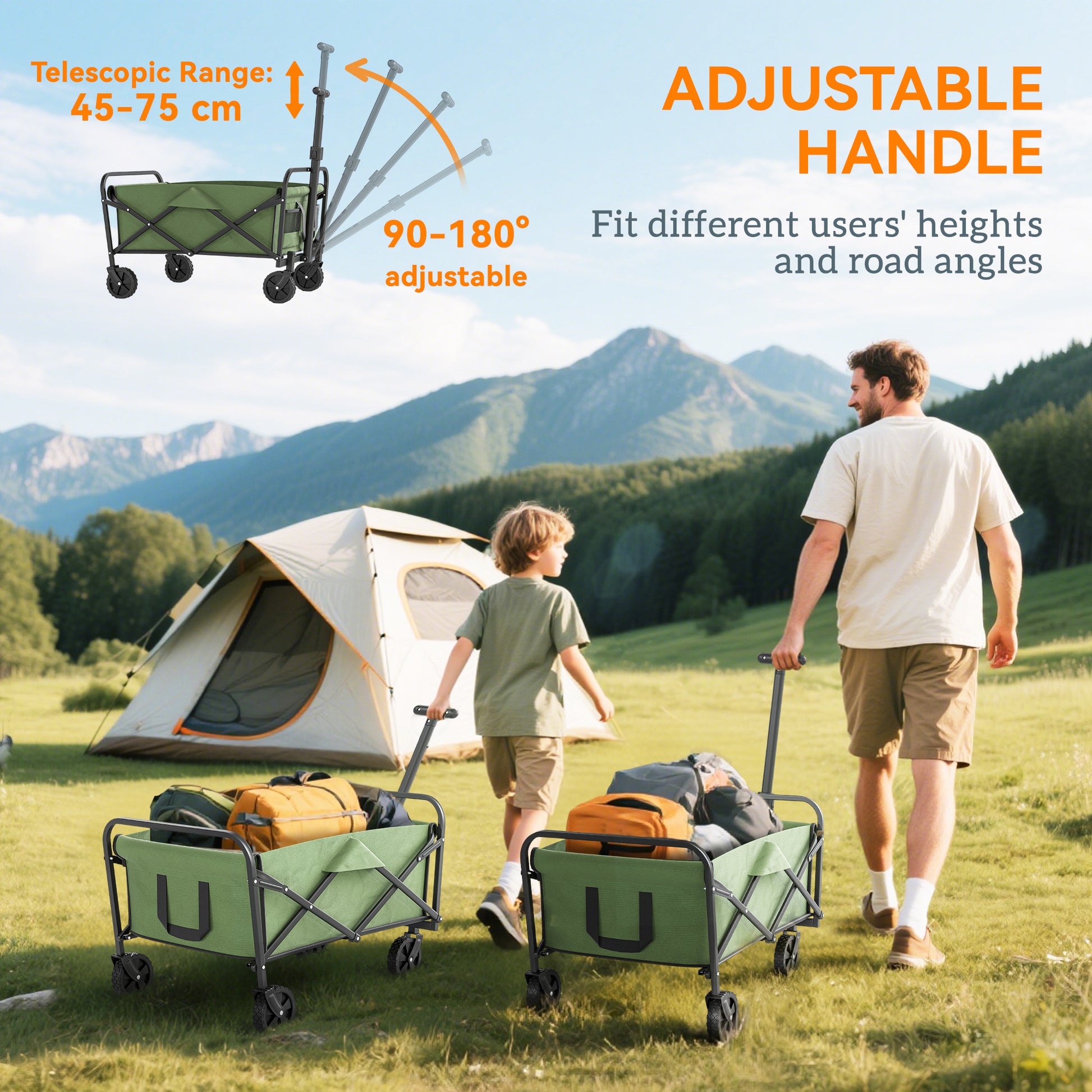 Outsunny 93L Festival Trolley on Wheels, Garden Folding Trolley Cart, 120kg Heavy Duty Collapsible Folding Wagon with Adjustable Handle and Carrying Bag for Beach, Camping, Festival, Green