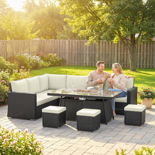 Outsunny 7 Pieces PE Rattan Garden Furniture Set, 50,000 BTU Gas Fire Pit Table, Black