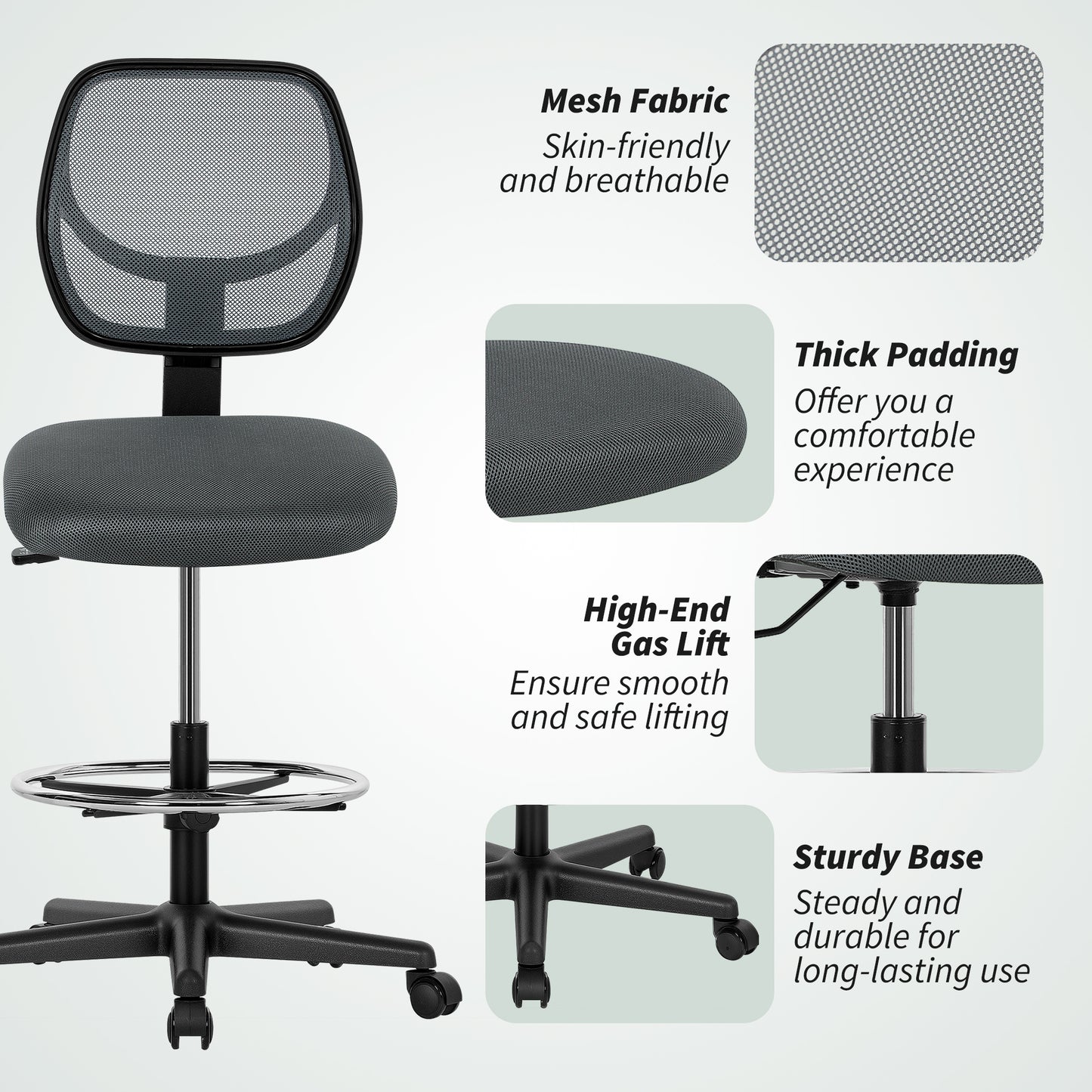 Vinsetto Ergonomic Mesh Standing Desk Chair with Adjustable Footrest Ring and Seat Height Charcoal Grey