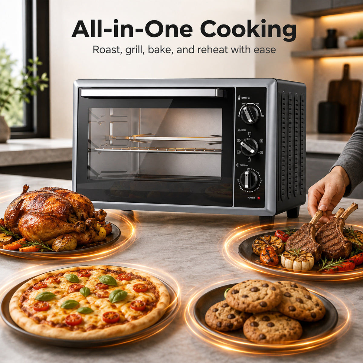 HOMCOM 36L Mini Oven with Convection, Electric Countertop Cooker with Rotisserie, 90â€“230Â°C Adjustable Temperature, 1500 W