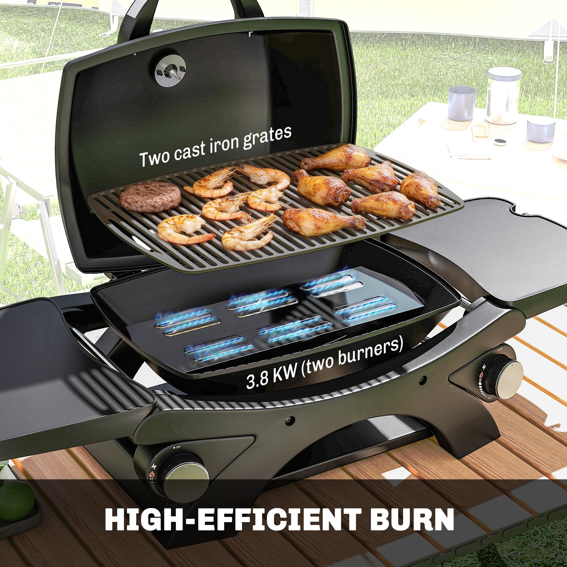 Outsunny 2 Burner Gas Grill with 2 Detachable Side Tables, 3.8 KW Steel Barbecue Grill with Cast Iron Grates, Lid, Thermometer