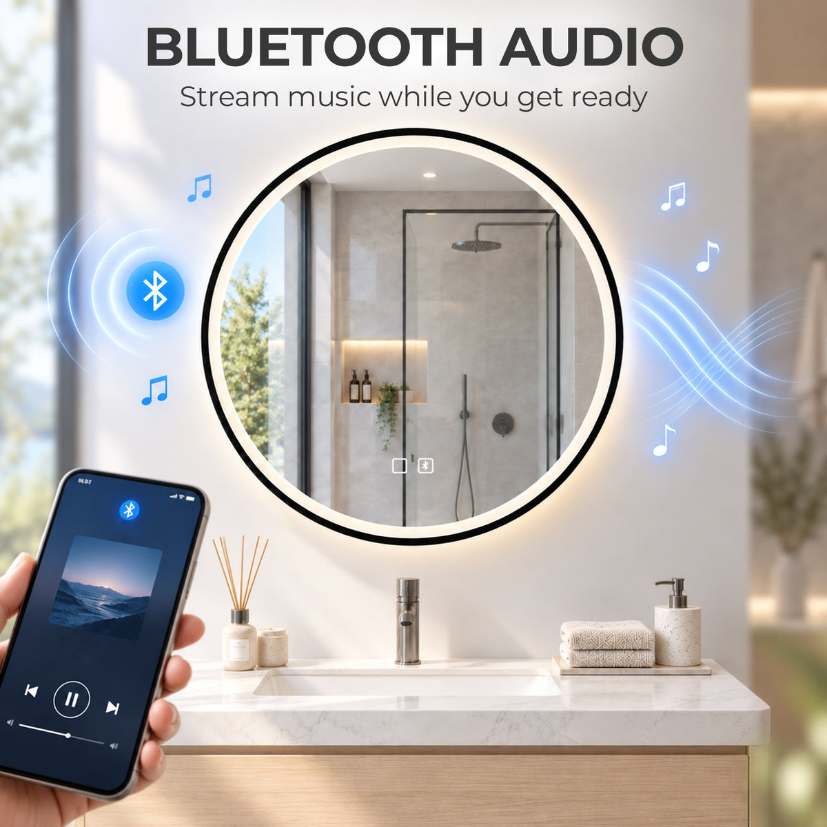 HOMCOM Bathroom Mirror with LED Lights, 60cm Round LED Bathroom Mirror with 3 Colours Dimmable, Bluetooth, Anti-Fog, Black