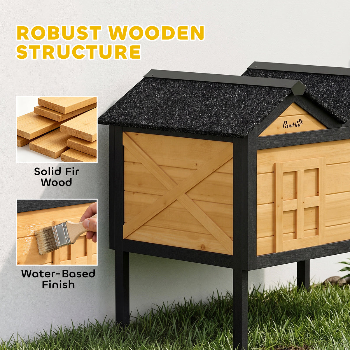 PawHut Wooden Cat House Outdoor Indoor with Weatherproof Asphalt Roof, Side Cleaning Door, PVC Curtain