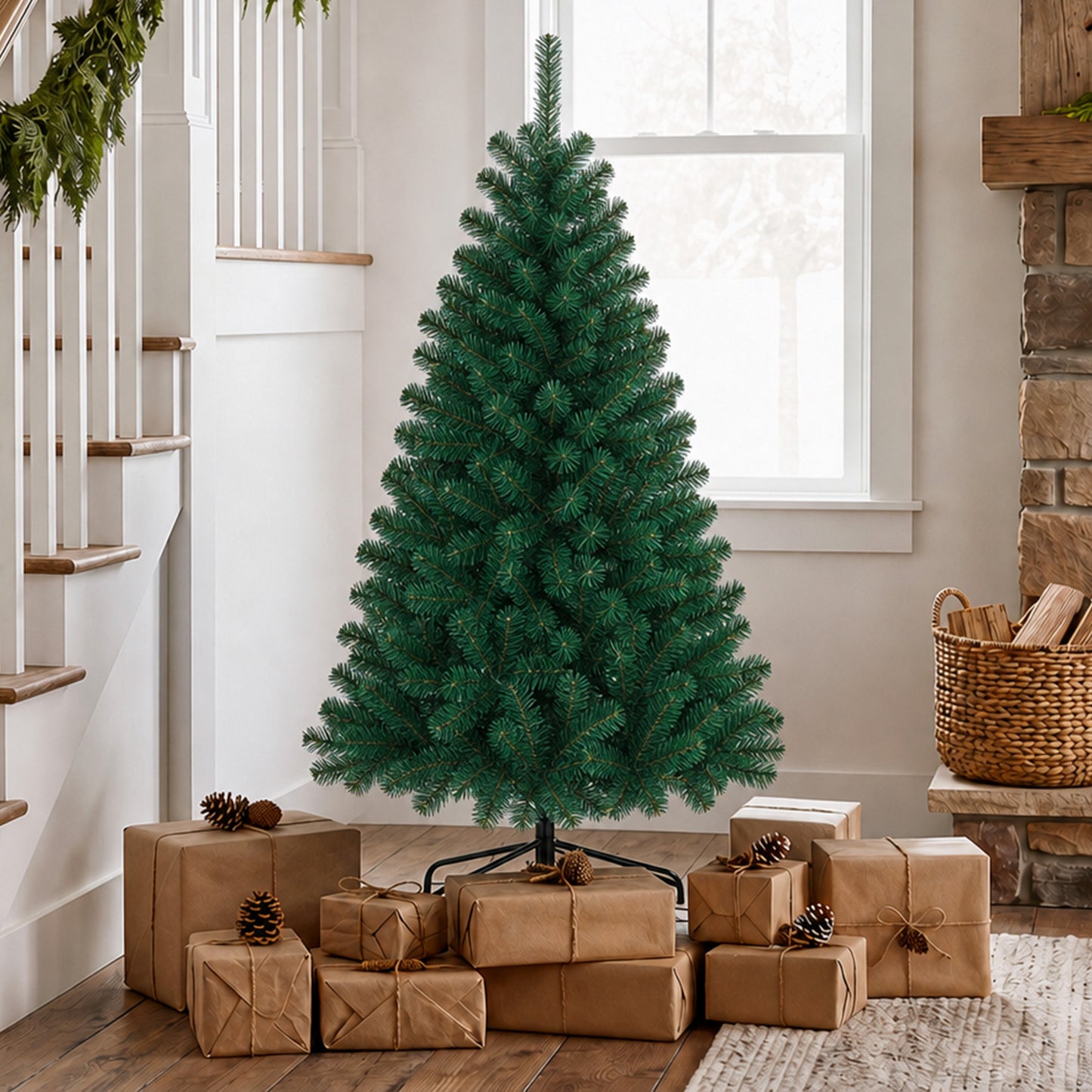 HOMCOM 5ft Artificial Christmas Tree, Fir Hinged Xmas Tree with 420 Branch Tips, Foldable Steel Stand, Green