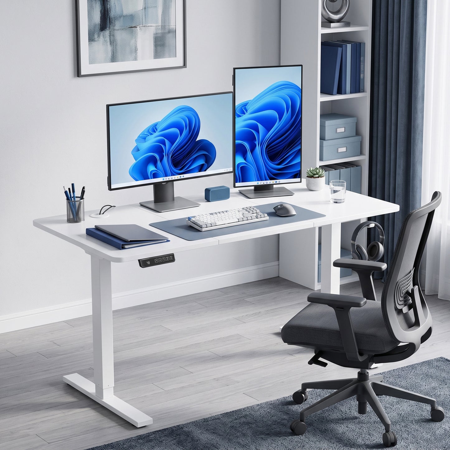 HOMCOM Standing Desk Memory Control Height Adjustable Desk 2 Cable Holes LED Display Sit Stand Desk White