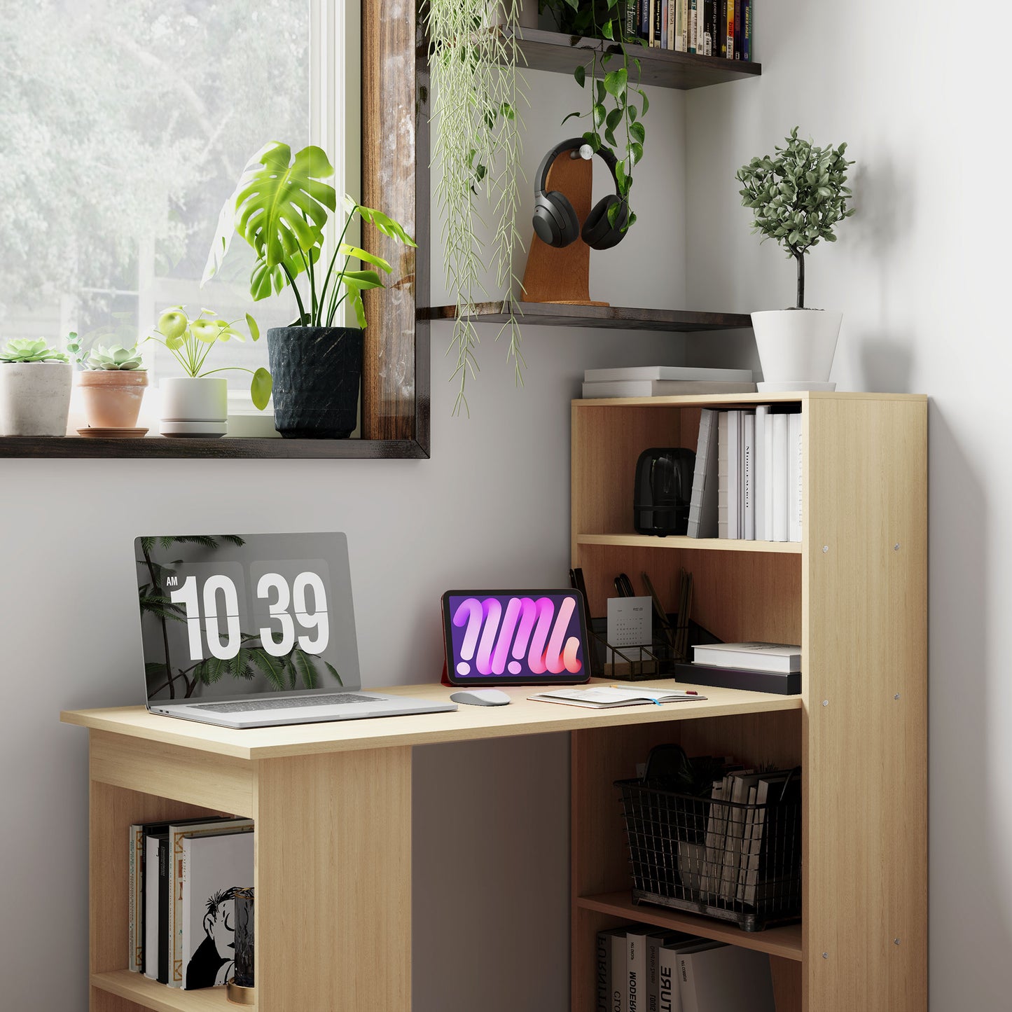 HOMCOM 120cm Computer Desk, Wooden PC Laptop Table with 6-Tier Storage Bookshelves, Home Office Working Study Desk, Writing Workstation, Natural Wood