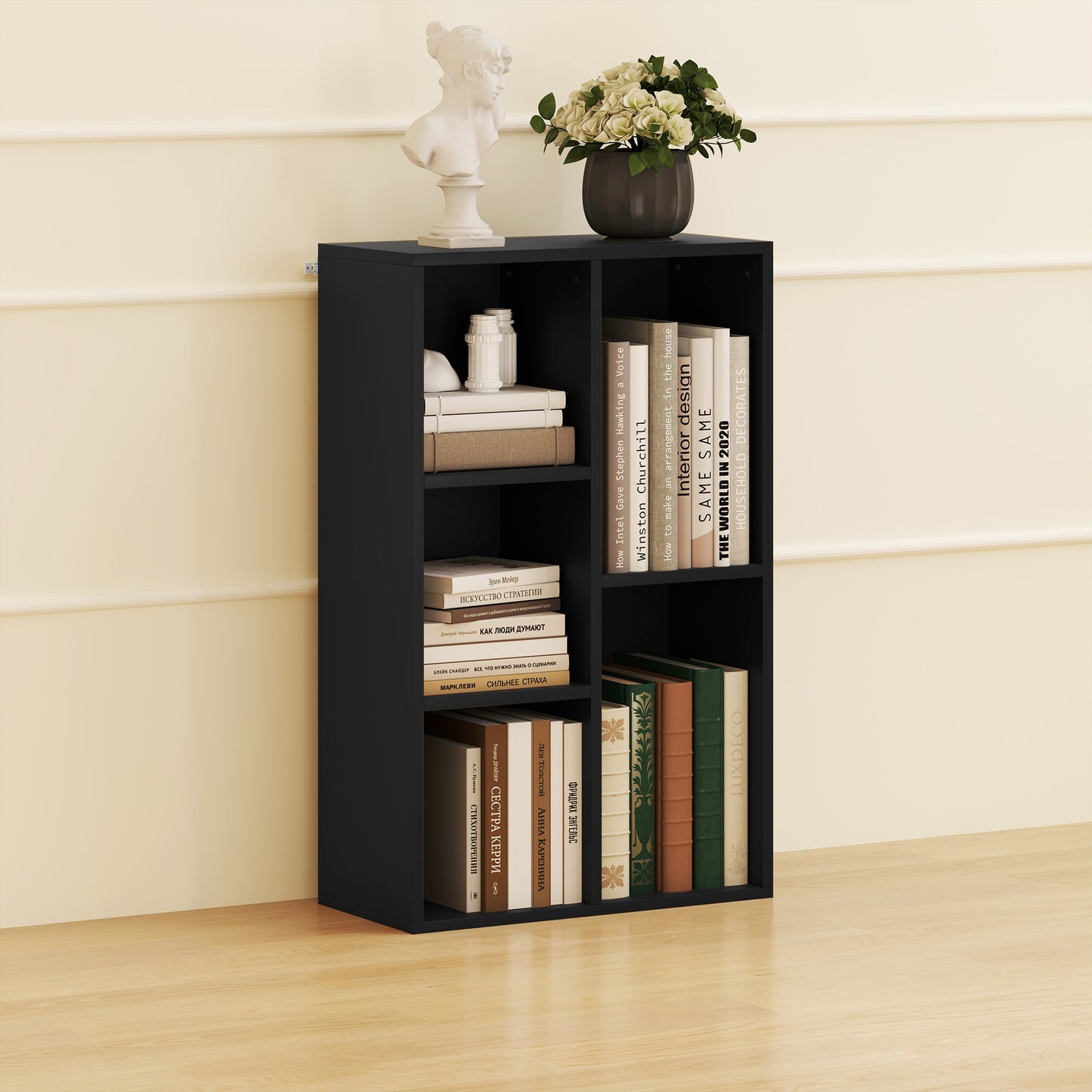 HOMCOM 2-Tier Bookshelf with 5 Compartments - Black