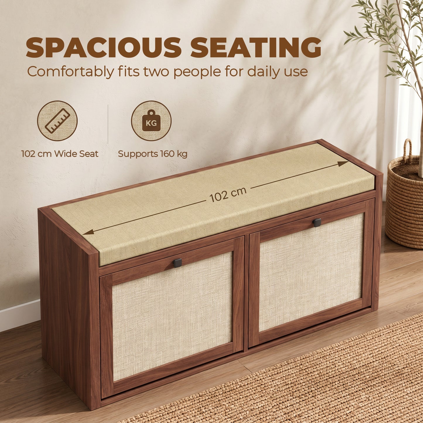 HOMCOM Rattan Shoe Bench with Padded Cushion and 2 Cabinets for Hidden Storage, Brown