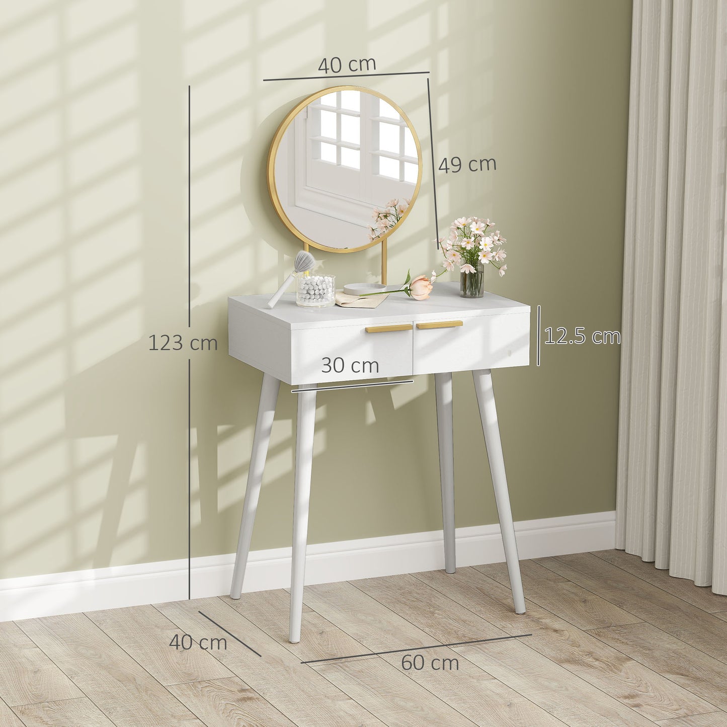 HOMCOM Elegant Dressing Table, with Round Mirror, 60 x 40 x 123 cm - White