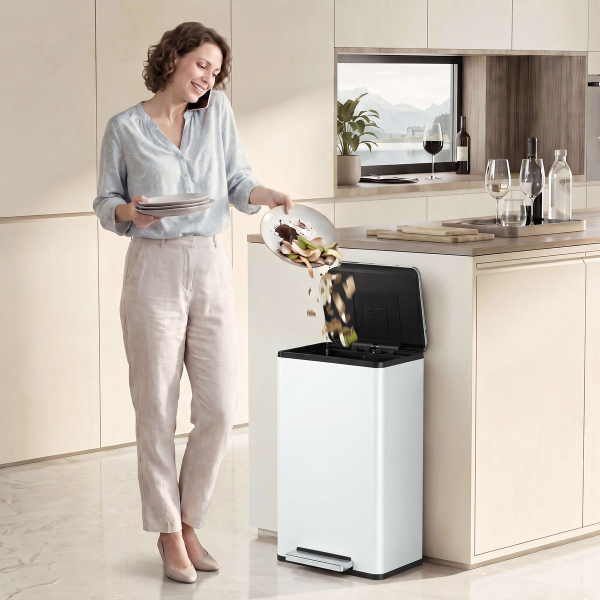 HOMCOM 45L Kitchen Bin, Pedal Bin with Soft-Close and Stay-Open Lid, Removable Inner Bucket, Odour Control for Kitchen, Office