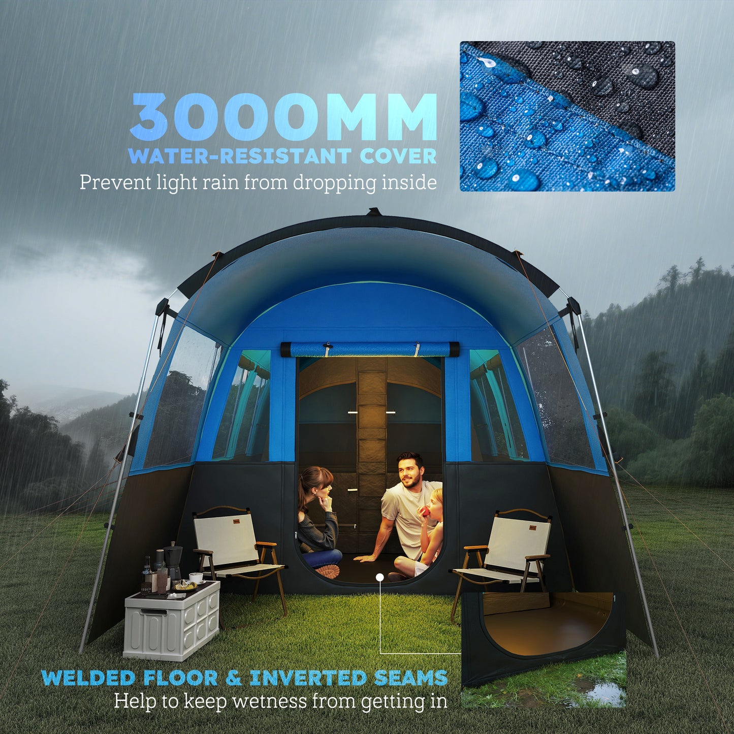 Outsunny 4-Person Camping Tent, Waterproof Family Tent, Tunnel Design, 4 Large Windows, Sleeping Cabins 3000mm Water Column Blue