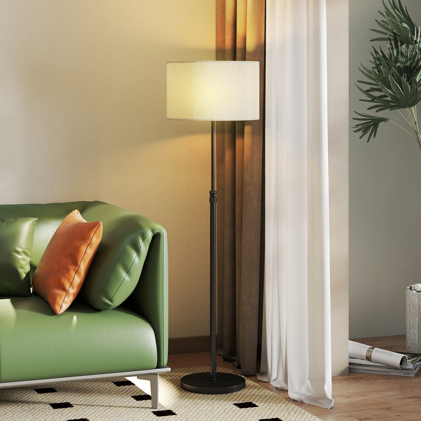 HOMCOM Floor Lamp with Remote, Height Adjustable Standing Lamp with Linen Shade, Dimmable with 3000K-6000K Adjustable Colour Temperatures, Foot Switch for Living Room Bedroom Office, Black