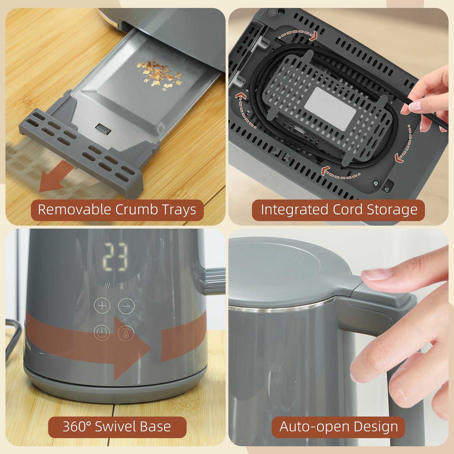 HOMCOM Digital Stainless Steel Kettle and Toaster Set, 1.5L 3000W Fast Boil Kettle, 2 Slice Toaster with 7 Level Browning Controls, Defrost, Reheat, Keep Warm, Crumb Tray and LED Touch Display, Grey