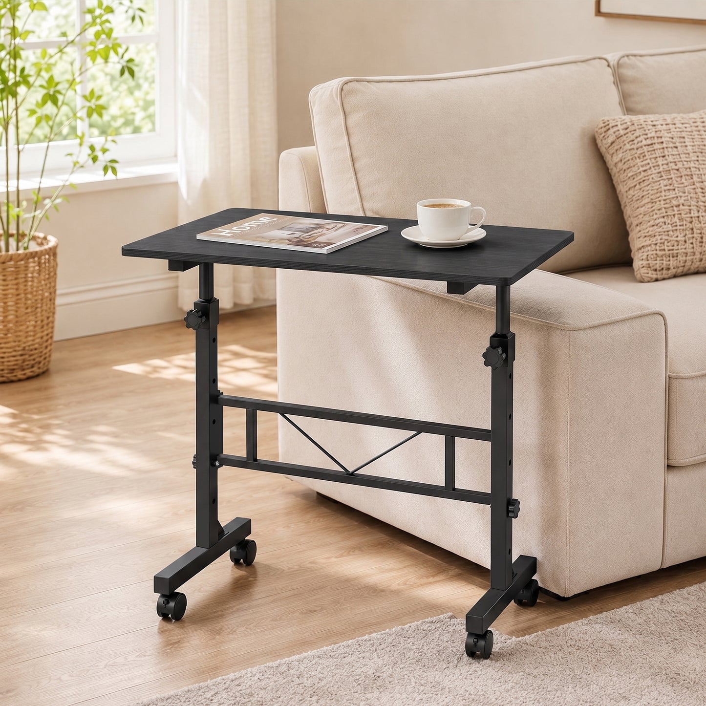 HOMCOM Overbed Table Adjustable Height Sofa Side Table with Wheels 80 x 40 cm Black