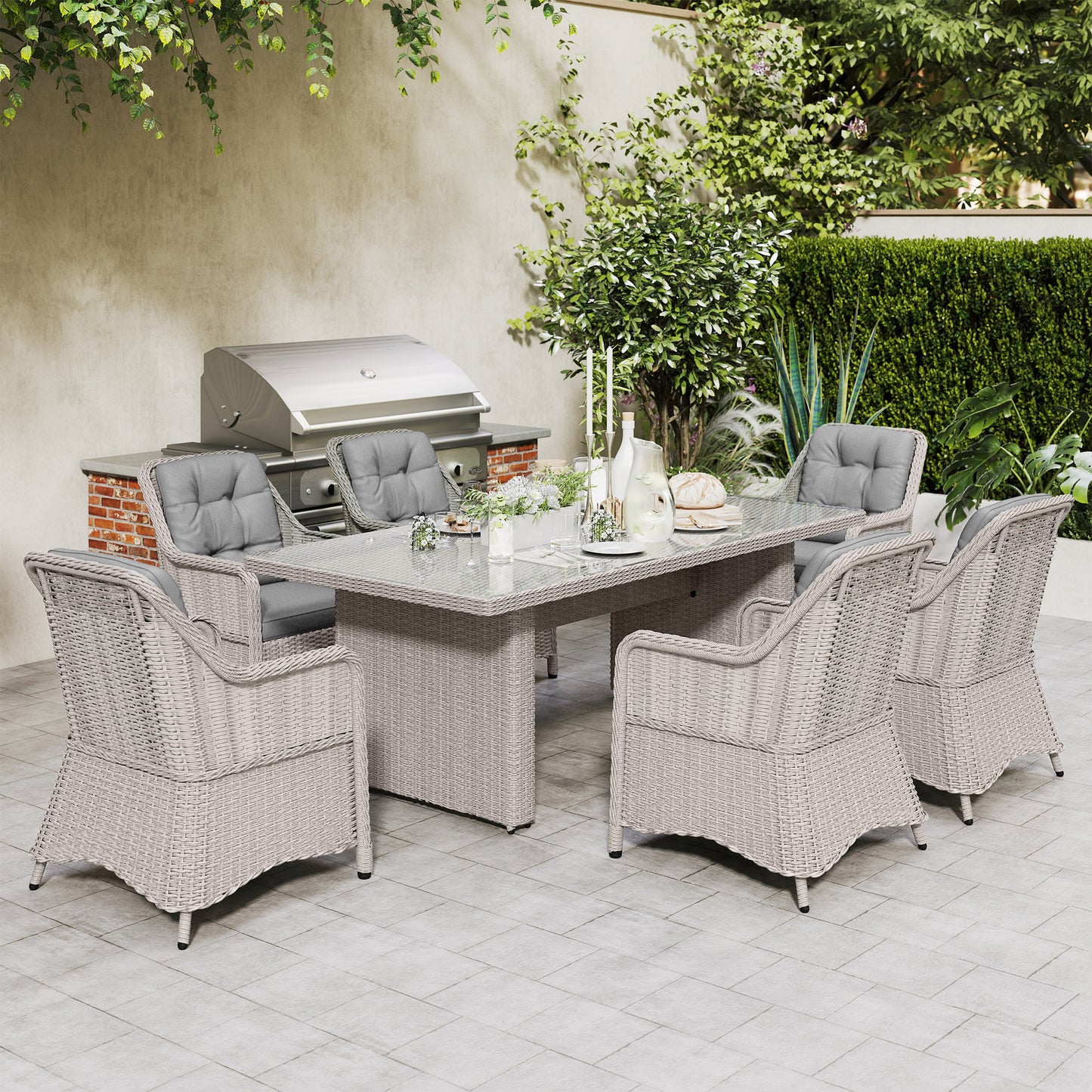 Outsunny Seven-Piece Rattan Dining Set - Mixed Grey