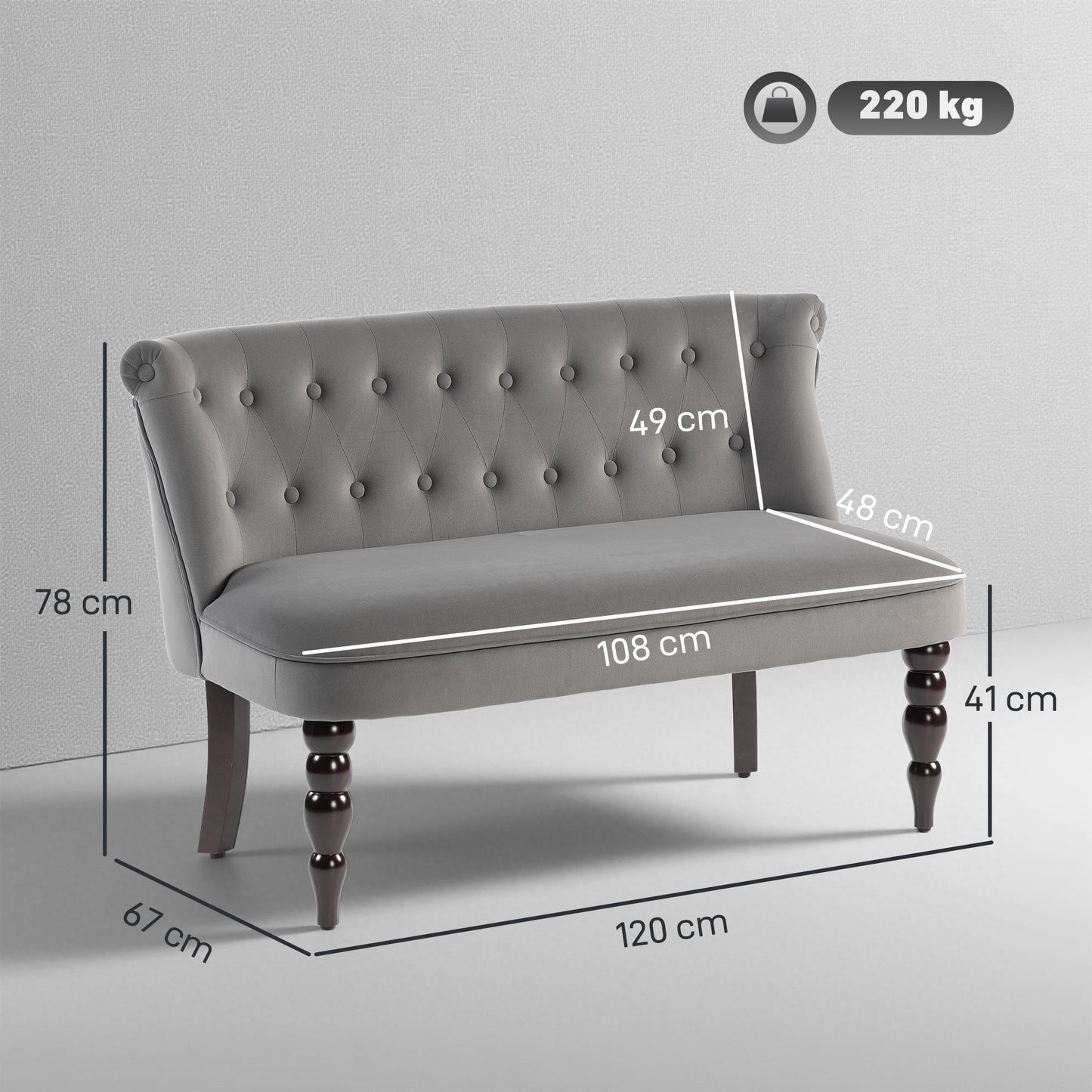 HOMCOM Velvet 2 Seater Sofa, Button Tufted Wingback Loveseat with Rubber Wood Legs for Living Room, Bedroom, Charcoal Grey