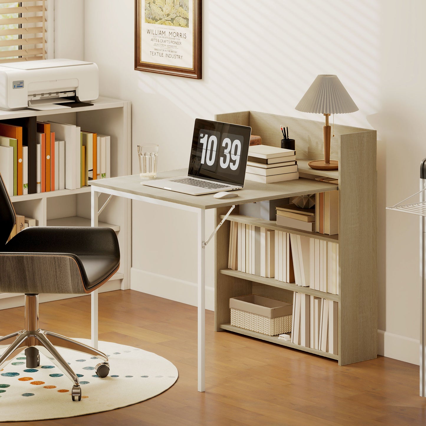 HOMCOM Kitchen Table, Folding Dining Table, with 4-Tier Shelves, Modern Drop-Leaf Table, Oak Wood Effect