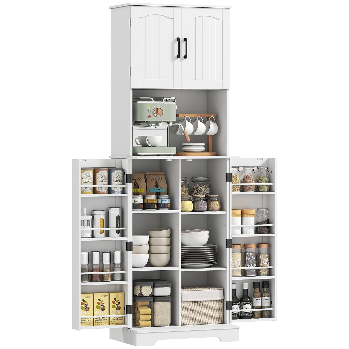 HOMCOM Tall kitchen buffet kitchen cabinet, 4 doors countertop 8 spice racks adjustable shelves 60x40x181.5cm white