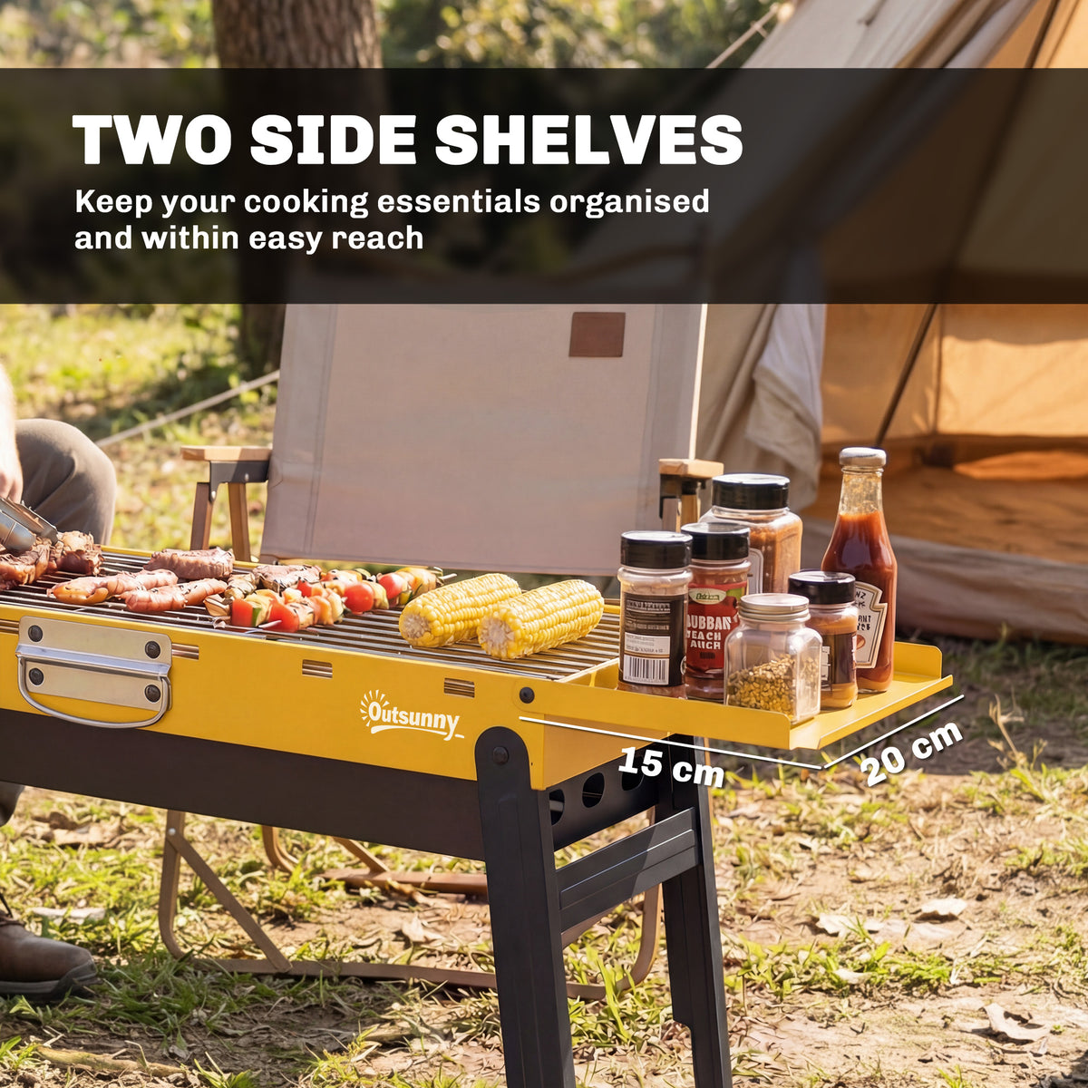 Outsunny Portable BBQ Grill, Foldable Charcoal Grill for Camping and Picnics with 2 Side Shelves and Handle, Yellow
