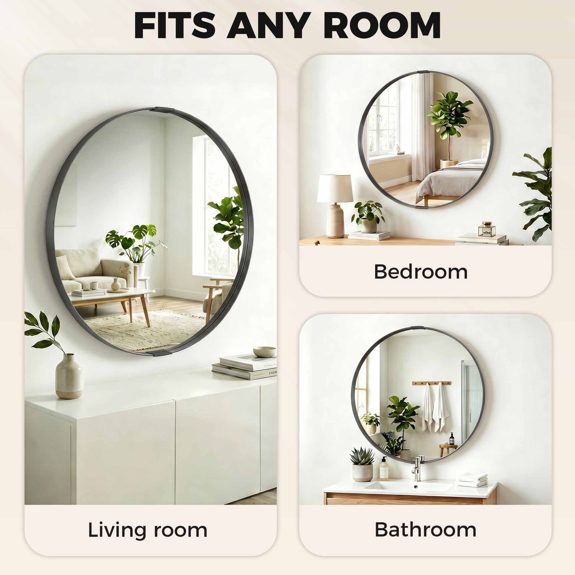 HOMCOM Round Wall Mirror 61 cm, Wall Mounted Bathroom Mirror with Tempered Safety Glass and Aluminium Alloy Frame, Black