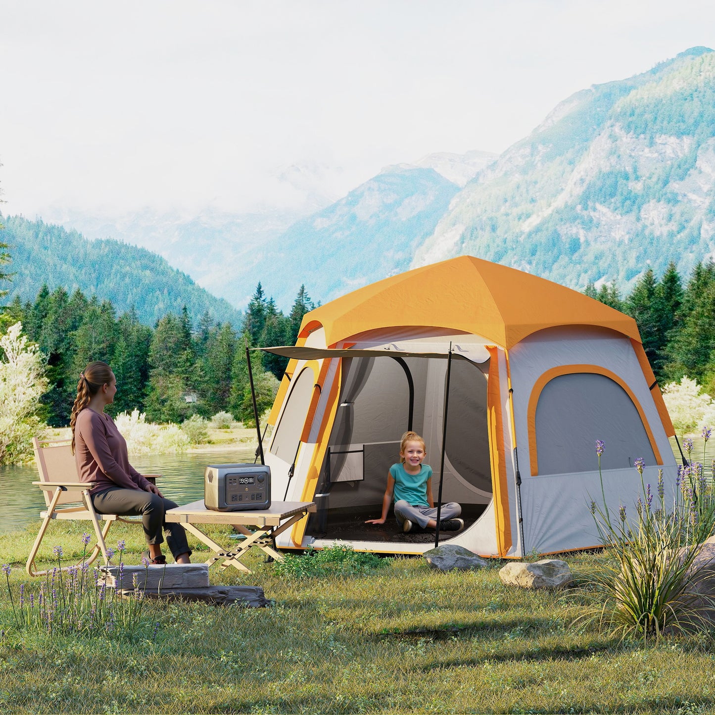 Outsunny Instant Pop Up Camping Tent, 2/3/4 Person Easy Setup Dome Family Tent with Vestibule, Rainfly, 4 Mesh Windows & 2 Doors, Hexagonal Design, Waterproof & UV Protected, Light Grey - LiamsBargains.co.uk
