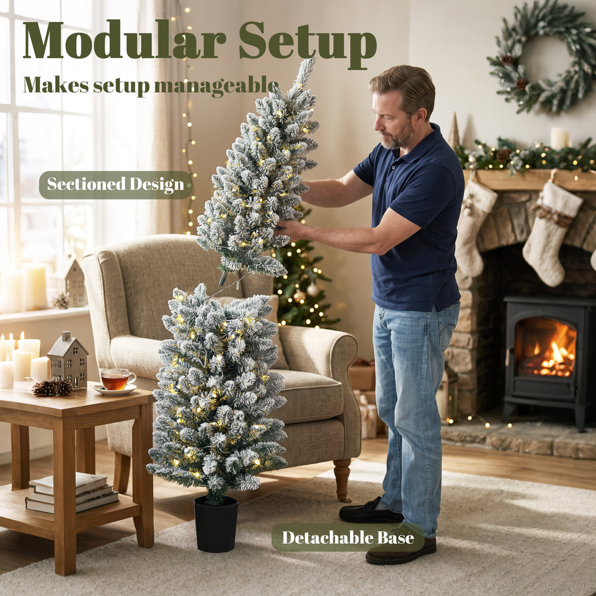 HOMCOM Prelit Snowy Flocked Artificial Christmas Tree Set of 3, Slim Xmas Tree with PVC Tips, 3FT+4FT+5FT